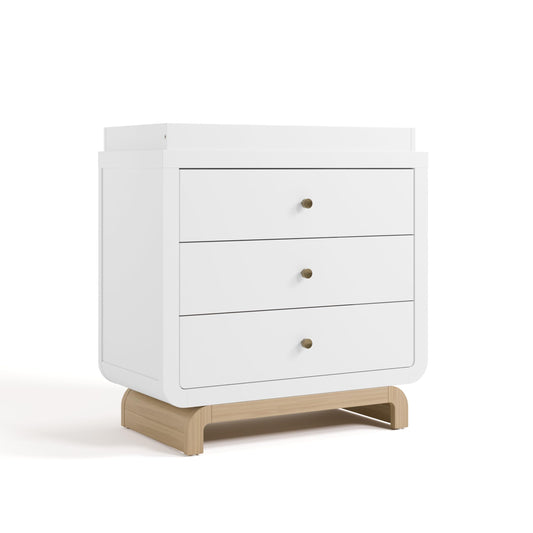 Storkcraft Santorini 3 Drawer Chest with Changing Topper (White with Driftwood) – GREENGUARD Gold Certified, Award-Winning Premium Wood Dresser for Baby & Kids Bedroom with Interlocking Drawer System