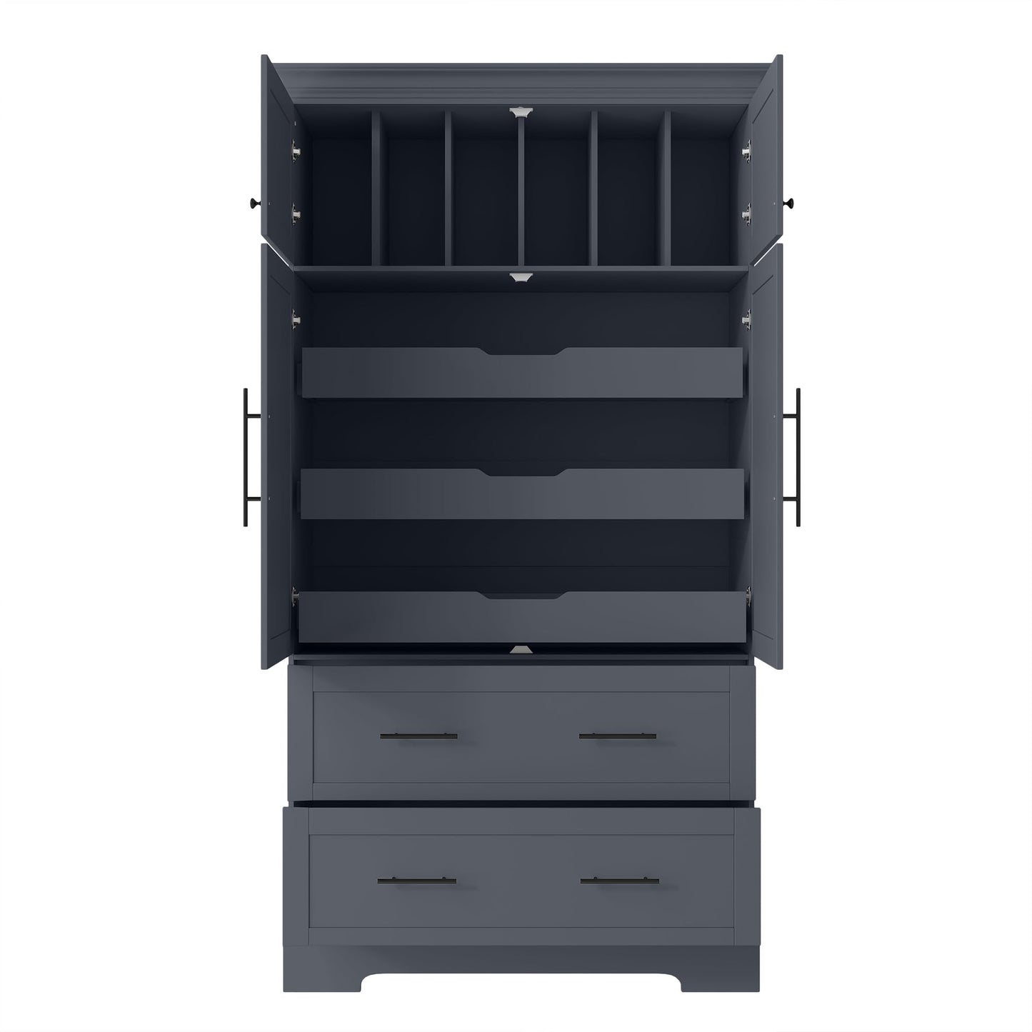 Merax 72.6" Farmhouse Kitchen Pantry Cabinet with Pull-Out Trays & Drawers, Freestanding Pantry with Cake Pan Storage, 4-Door Shaker Style Storage Cabinet, 40" L x 18" W, Grey