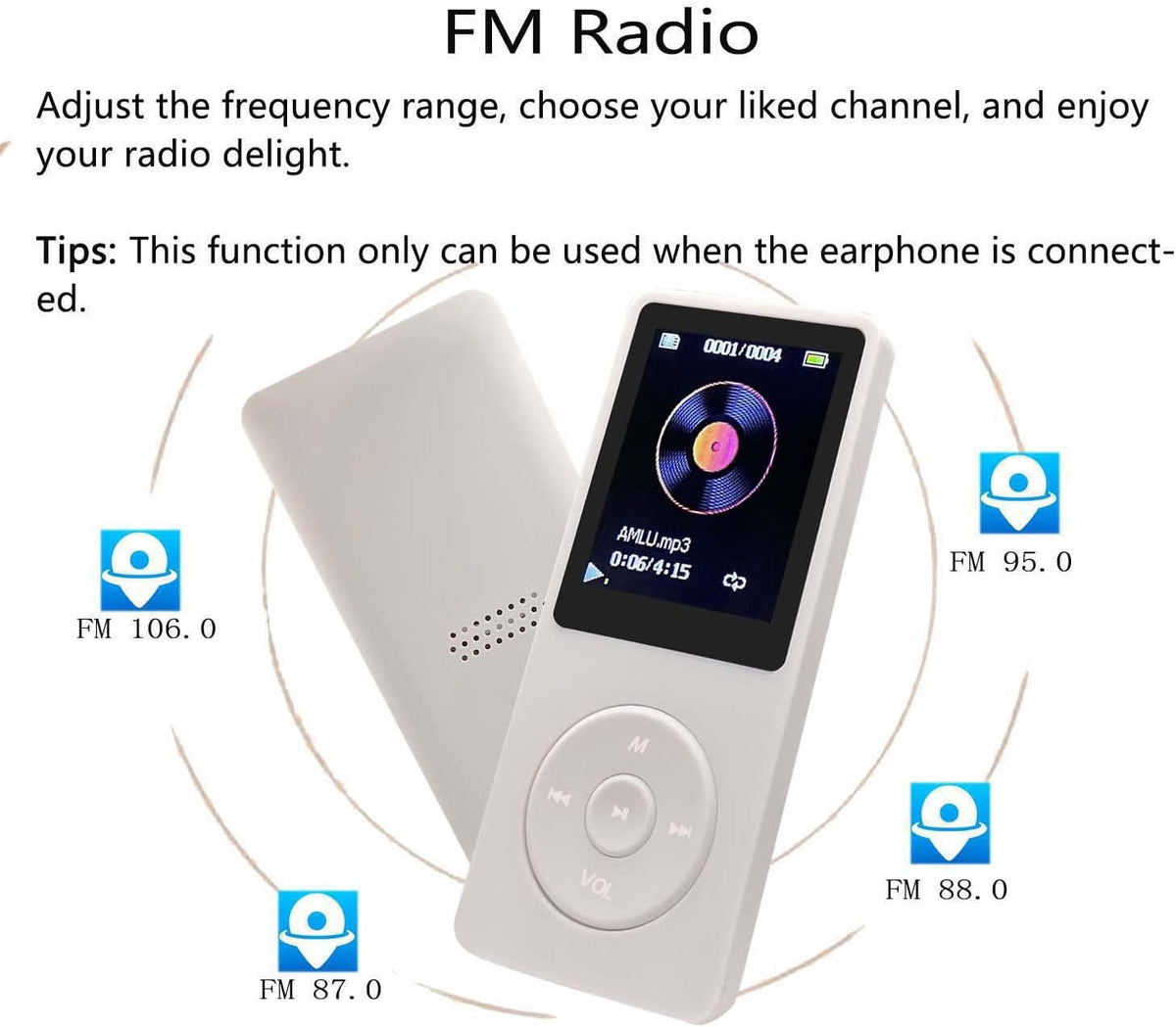 arungo MP3 32GB 1.8 inch 128GB Player with Speaker Earphone Portable Mini White Music Player Support Voice Recorder