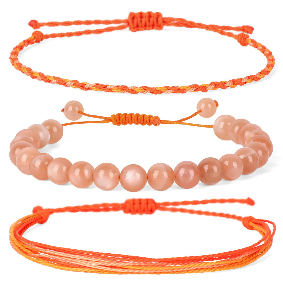 QOGIR Handmade Healing Bracelets,8mm Natural Sunstone Gem Stone Beads Bracelet for Men Women Gifts with 2PCS Size Adjustable Rope Bracelets