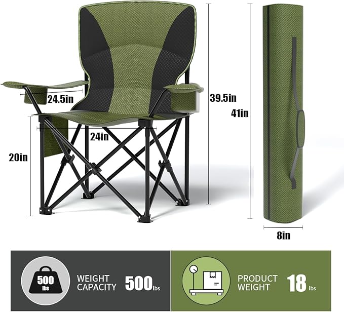 Heavy Duty Folding Chair 500LB Capacity, Oversized Camping Chairs with Cup Holder, Cooler Bag & Storage Pouch, Double-Layer Fabric, Outdoor Chairs for Sports, Lawn Chairs (2, Black Green, Extra Large)