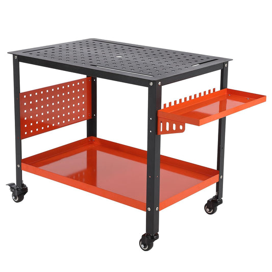 Portable Heavy Duty Welding Table – Steel Workbench Cart, 36"x24" Tabletop with 5/8" Holes, Tool Storage, Wheels & Brakes, Orange, for Shop or Garage