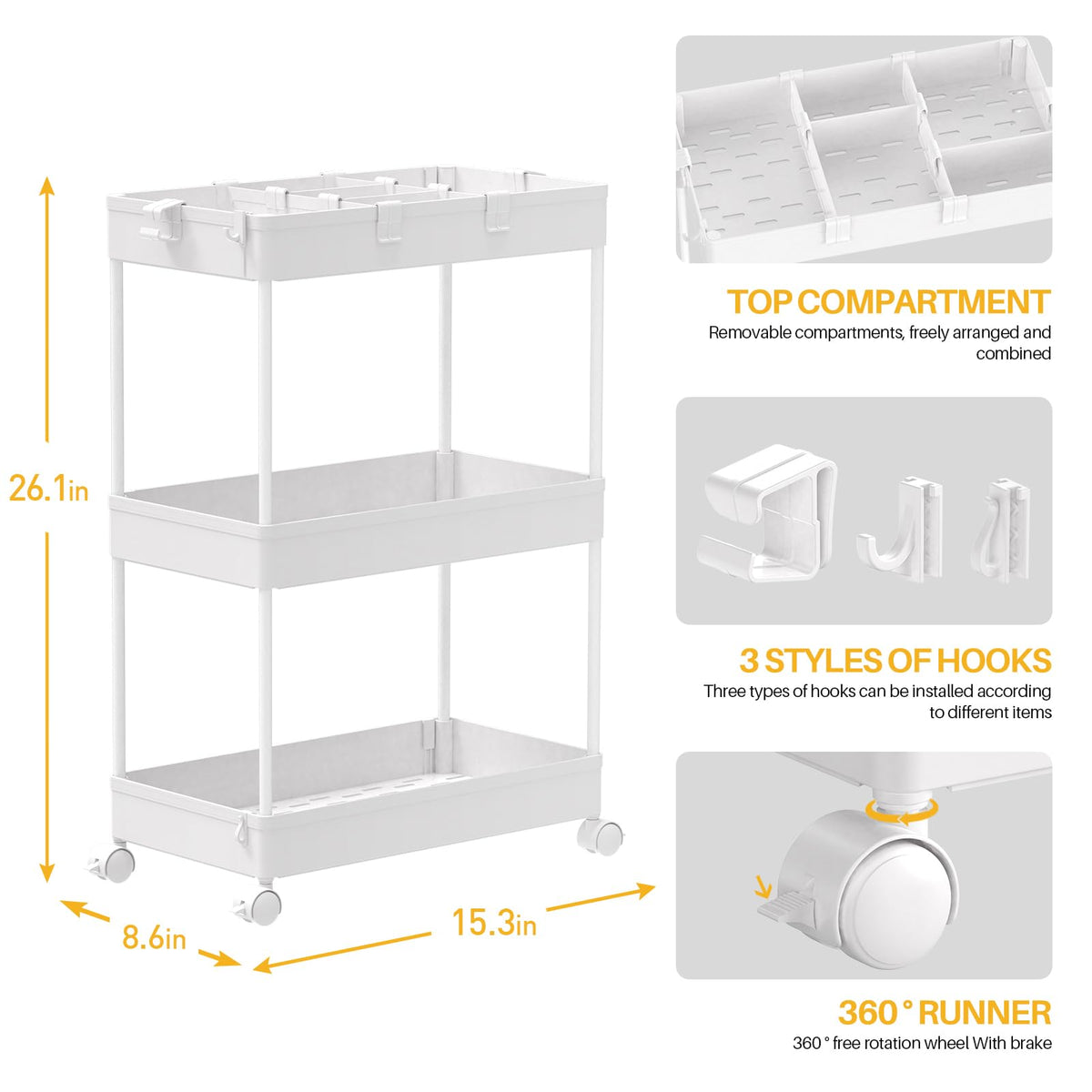 SPACELEAD 3 Tier Rolling Cart with Wheels, Storage Craft Art Trolley Organizer Serving, 3 Hanging Baskets Easy Assembly, for Office, Bathroom，Living Room, Kitchen, White