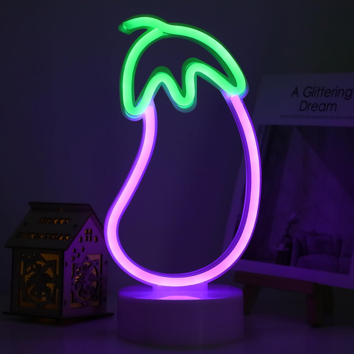 ENUOLI Eggplant Shaped Neon Sign,LED Eggplant Neon Sign for Bedroom Purple Eggplant Lights USB/Battery Operated Lamp Purple Room Decor Light Up for Games Room Living Room Party