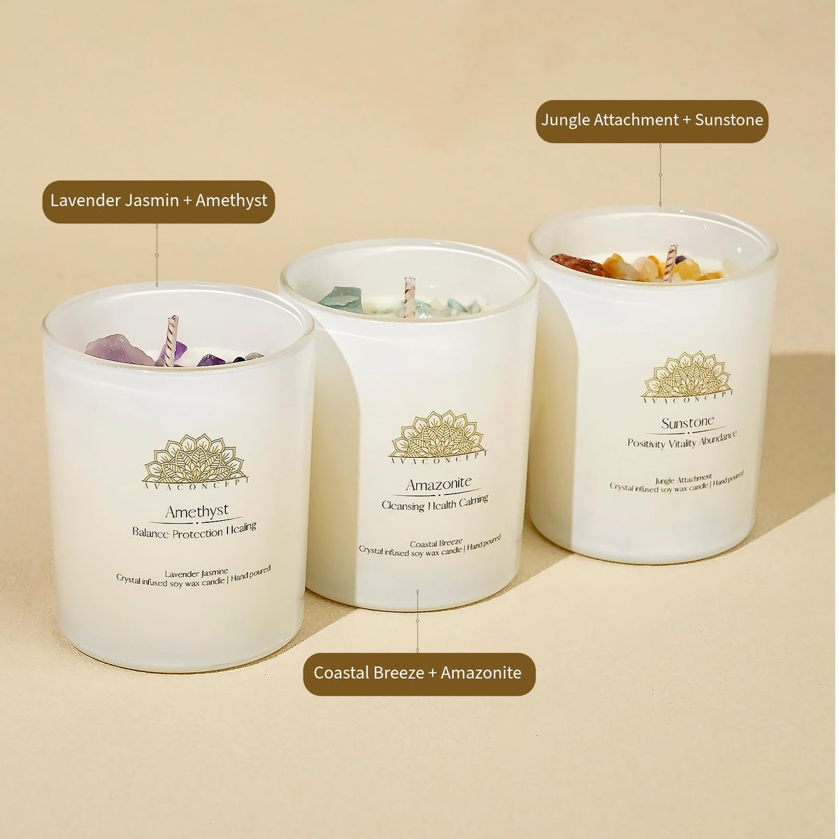 AVACONCEPT Crystal Infused Soy Wax Candle Gift Set Aromatherapy Scented Candles with Healing Crystals Natural Hand-Poured Luxury for Relaxation & Home Décor (Sunstone & Amethyst & Amazonite)