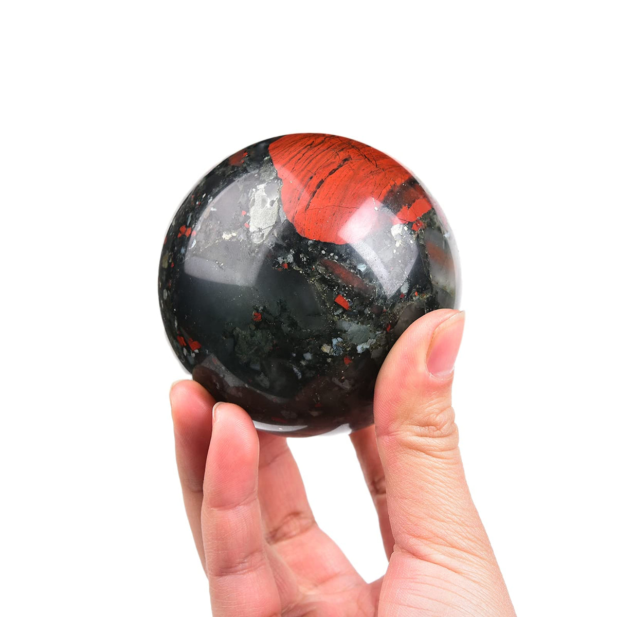 JIC Gem African Bloodstone Crystal Ball Natural Quartz Crystal Sphere Stone Ball with Wooden Base (70-80mm)