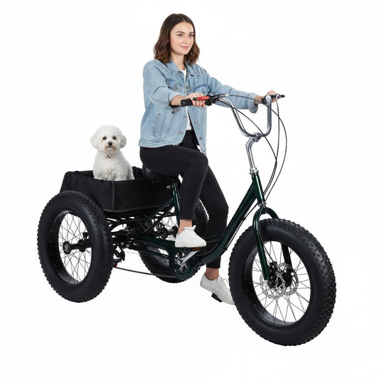 Fat Tire Tricycle, Adult 7-Speed Trike with 4-Inch Tires, Adjustable Seat & 450 lbs Weight Capacity, Large Shopping Basket with Waterproof Bag, 2 Disc Brakes for Gravel & Snow Roads Black 68"*34"