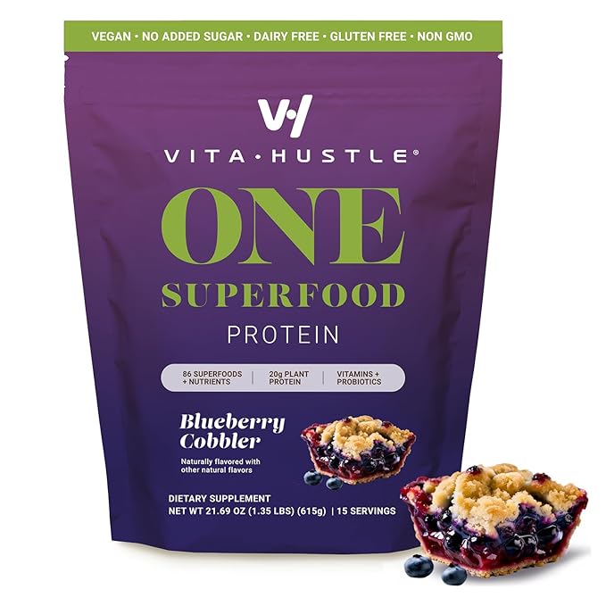 VitaHustle ONE Meal Replacement Shake - Plant Based Protein Powder by Kevin Hart - Vegan, Meal Replacement Powder with Superfoods, Vitamins, Adaptogens & Probiotics - Blueberry Cobbler Flavor, 15 Servings