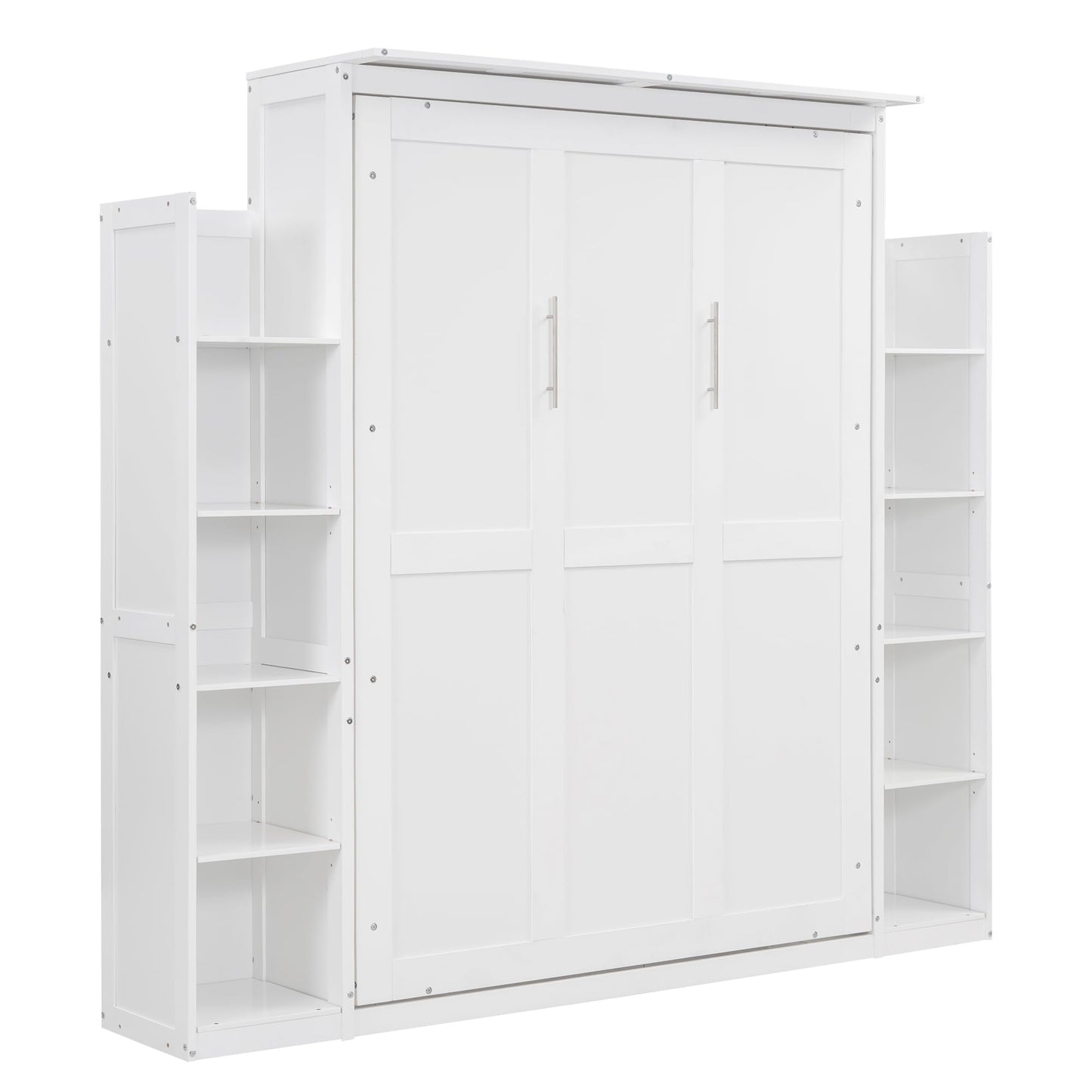 Ball & Cast Full Size Murphy Bed Wall Bed with Shelves and LED Lights,can be Folded,Hideaway Cabinet Frame W/ 2 Five-Layer Cabinets,Slat Support,No Box Spring Needed,for Apartment,Bedroom,White