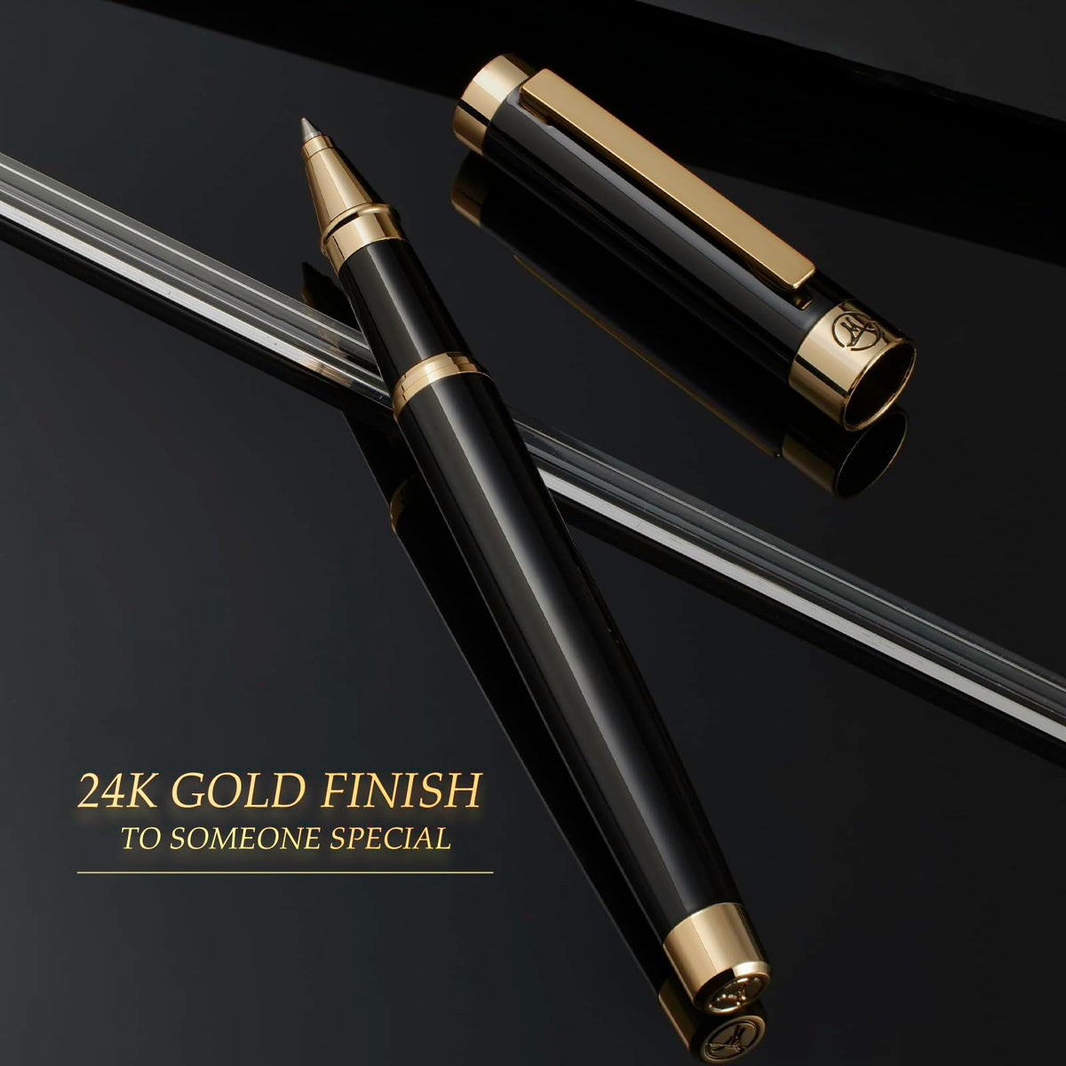 MCNTEIK Black Rollerball Pen With 24K Gold Finish, Luxury Grade Craftsmanship Pen, Schmidt 888F Ink Refill, Exquisite Men's And Women's Gift Pen Set, Professional, Writing, Executive,Office, Nice Pen