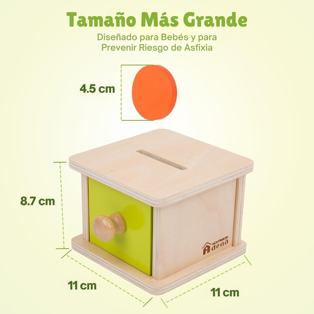 Adena Montessori Coin Box,Object Permanence Box for 1 Year Old Baby Coins,Wooden Ball Drop Developmental Toys for 6-12 Month Infant Toddler,Learning Kids Gifts(Yellow-Green Door)