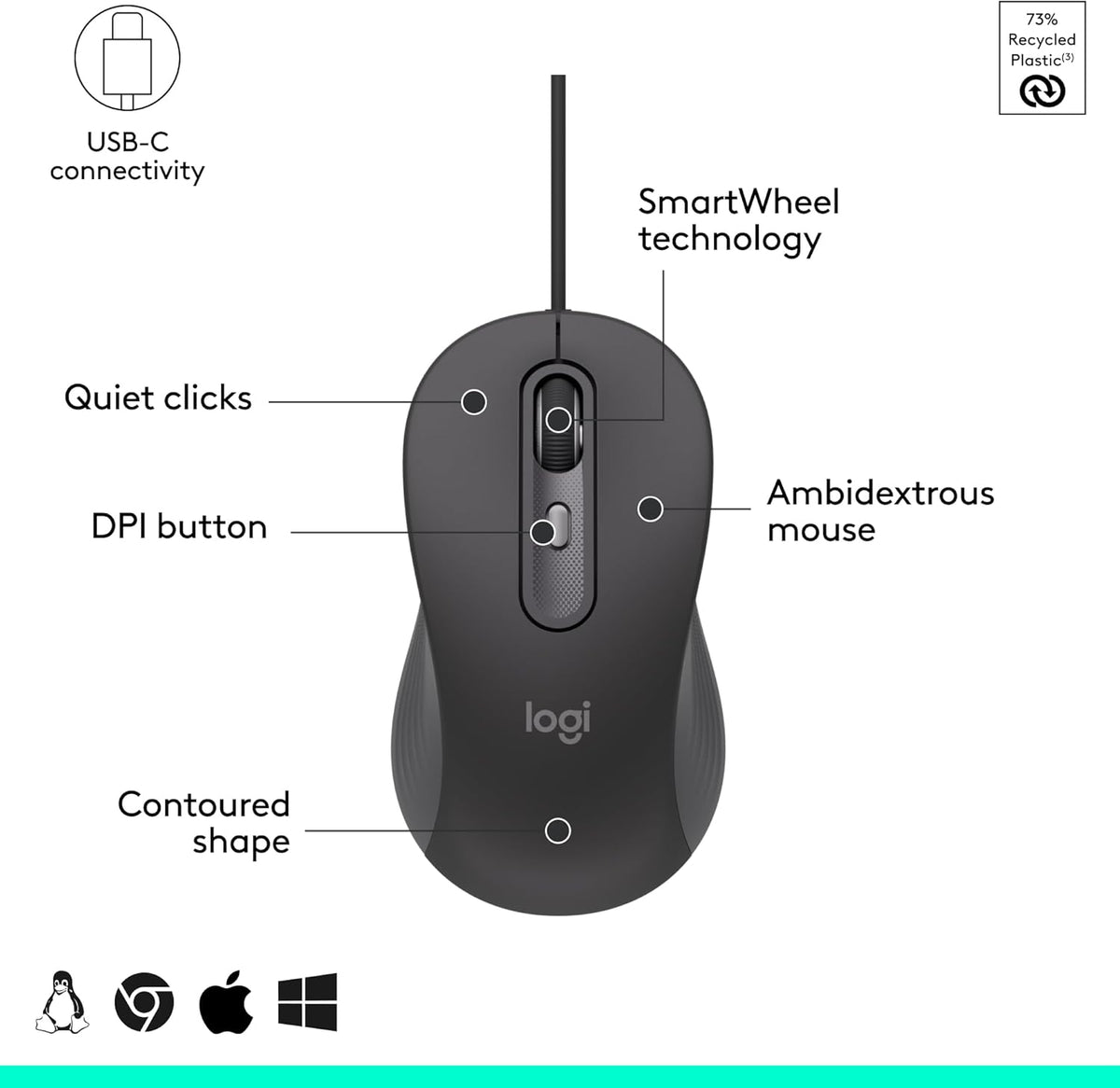 Logitech M520 Signature Wired L for Business, Optical Wired Mouse, USB-C Plug-and-Play, Windows/Mac/Chrome/PC/laptops