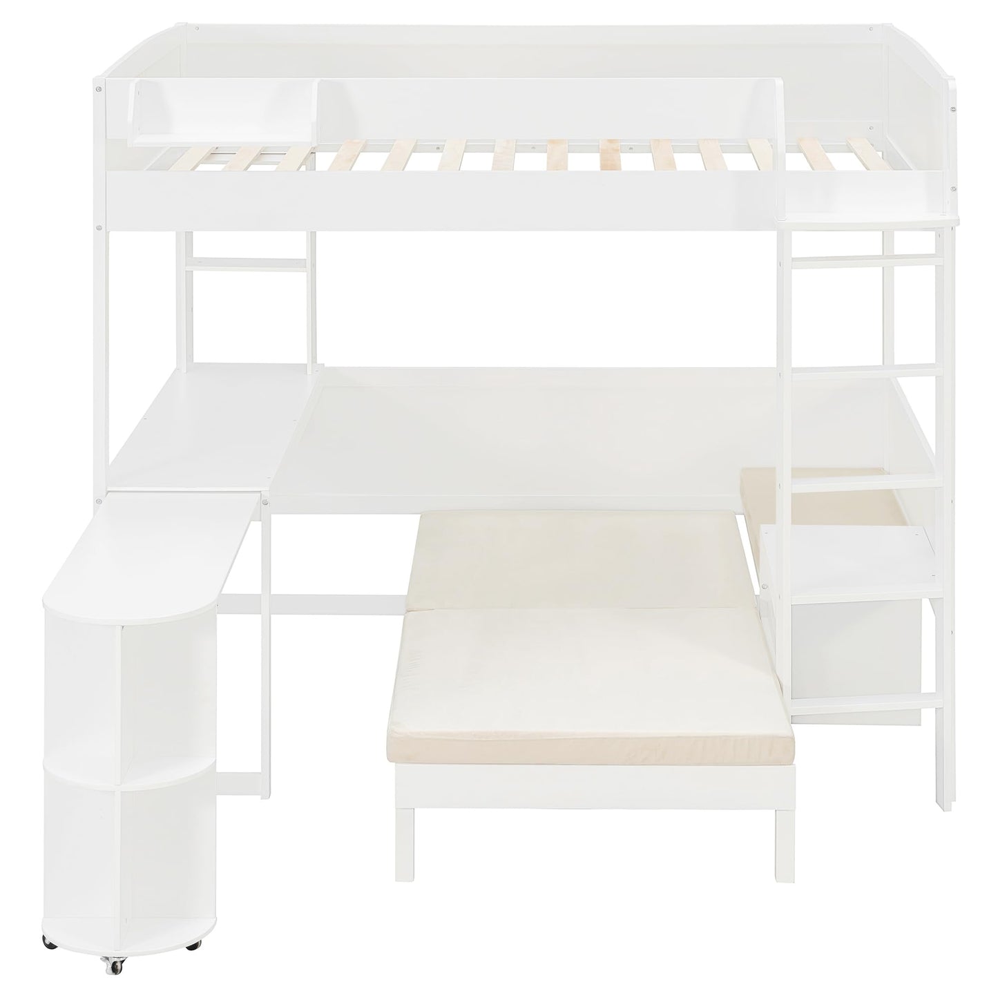 Merax Full Size Loft Bed with Extendable Desk and Lights, Wood Loft Bed Frame with Storage Shelves & Padded Foldable Sofa, Space-Saving Loft Bed for Teens Adults, Dorm Apartment, White