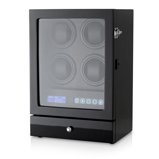 Automatic Watch Winder with LED Light, Storage Drawer and LCD Touchscreen Control (Black + Black)