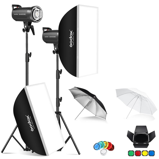 Godox SK400IIV 800W Professional Studio Strobe Flash 2Pack Kit 5700±200K with Standard Reflector,BD-04,Softbox,Umbrella,Light Stand,for Photography 2.4G Wireless X System Bowens Mount