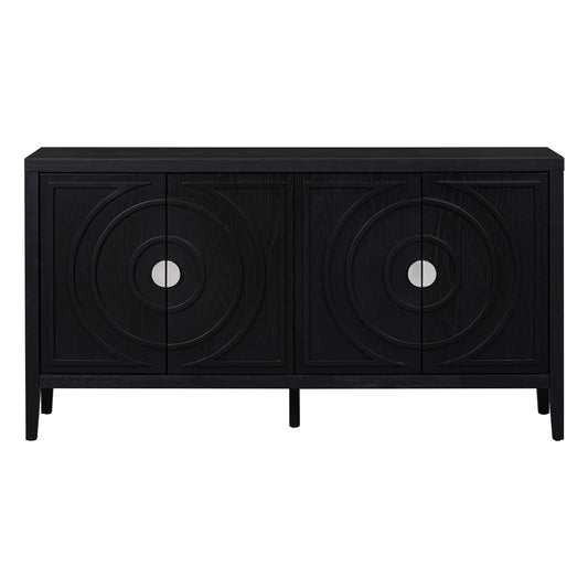 Jintop Retro Sideboard with Circular Groove Design Round Metal Door Handle,Wooden Buffet Cabinet,W/Adjustable Shelves & Open Countertop,for Entrance Living Dinning Room,Black