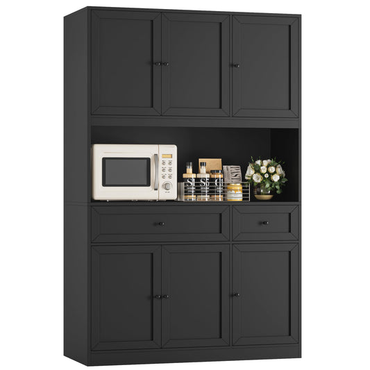 BOTLOG 72" Kitchen Pantry Cabinet, Kitchen Hutch with Microwave Stand, Buffet Cabinet with Hutch for Dining Room, Black