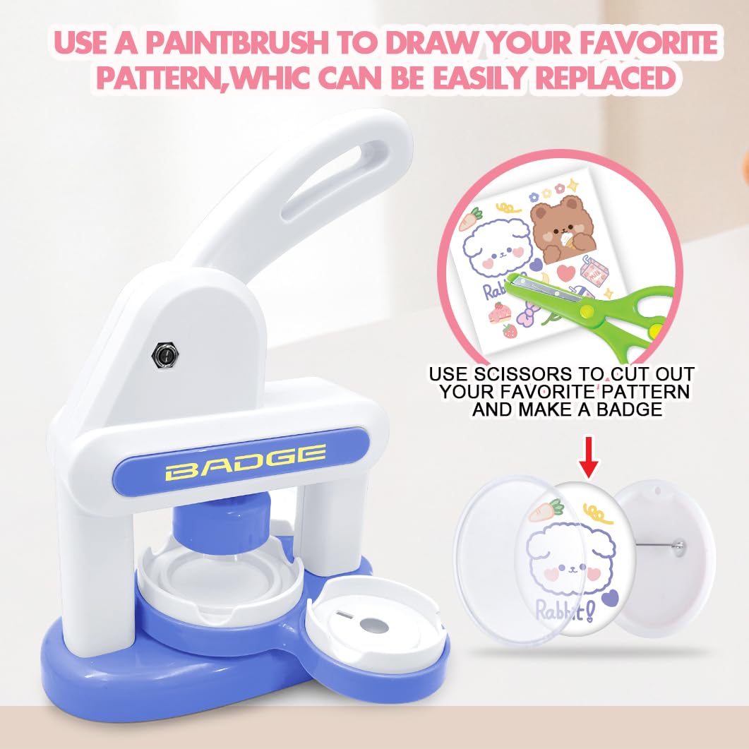 BAORUYAO 3in1 Badge Maker Machine for Kids,Capable of Making Fridge Magnets Keychains Brooches Badges with Picture Cutters and Children's Scissors.86pcs Set of DIY Arts & Crafts Gifts for Kids(Blue)