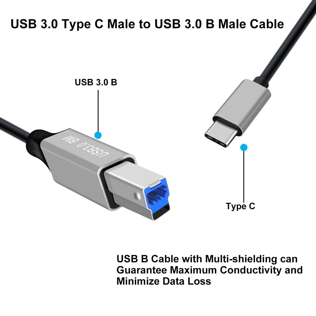YINGAYOU 3.0 5Gbps, 1 Coiled USB c to B Printer Cable Coiled USB Printer Cable Super Speed for Scanner, External Hard