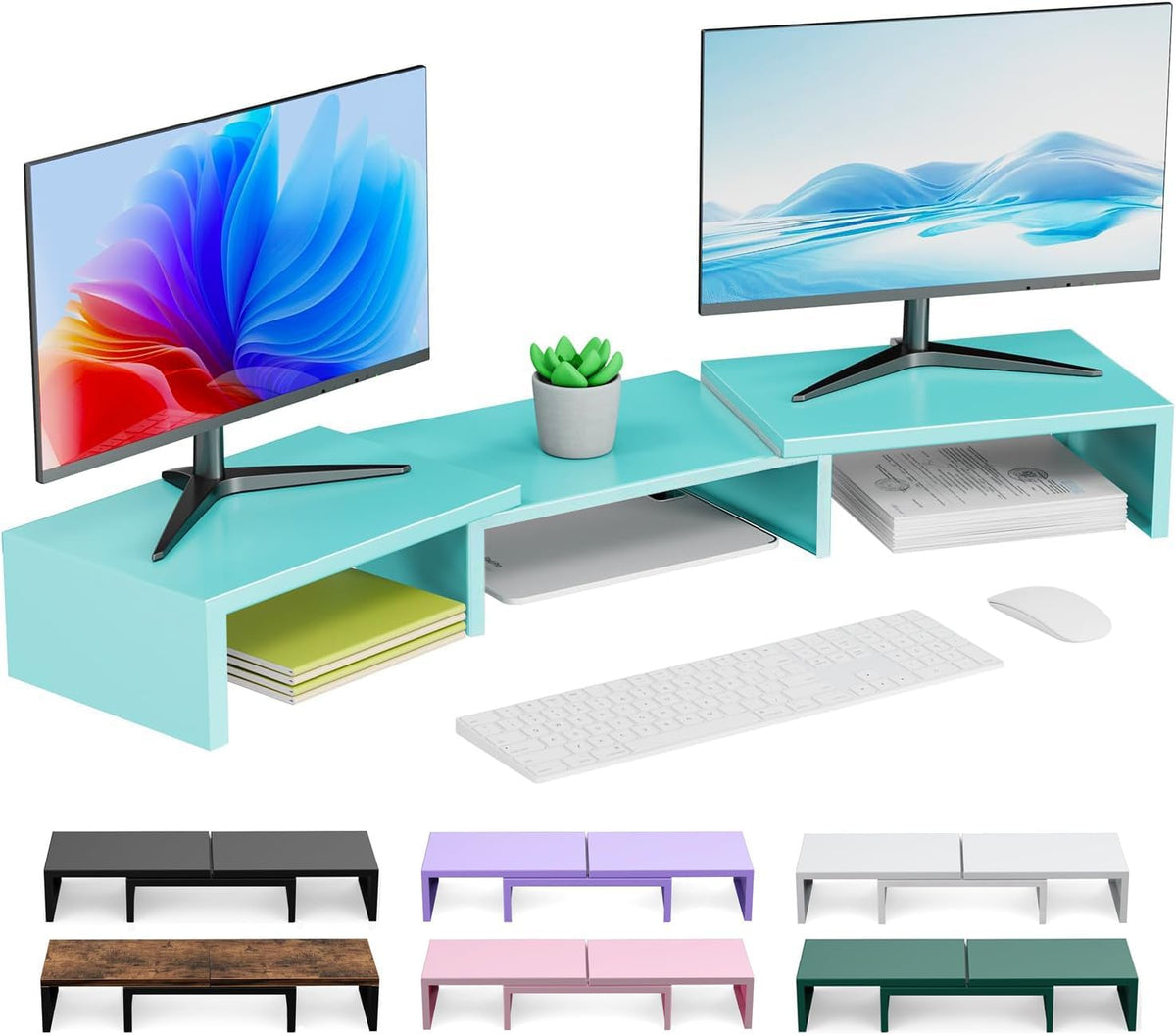 Dual Monitor Stand for Desk, Metal Computer Stand, Desk Shelf Riser,Desktop Organizer for Home and Office Use (Blue)