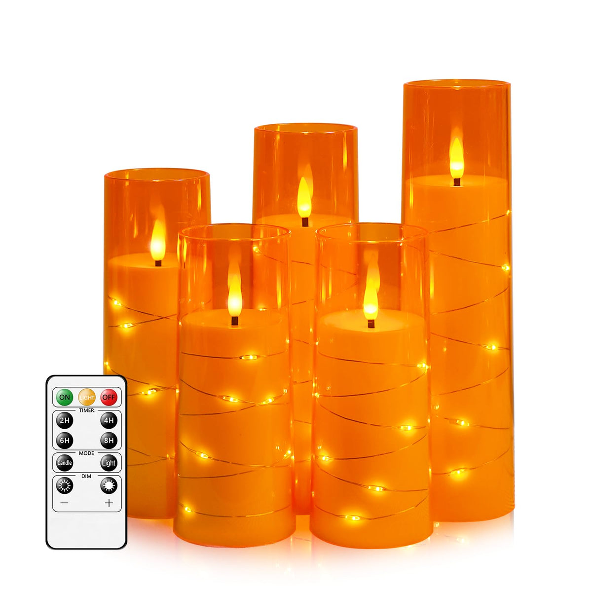kakoya Flameless LED Candles with Timer 5 Pc Flickering Flameless Candles for Romantic Ambiance and Home Decoration Stable Acrylic Shell,with Embedded Star String，Battery Operated Candles（Orange）