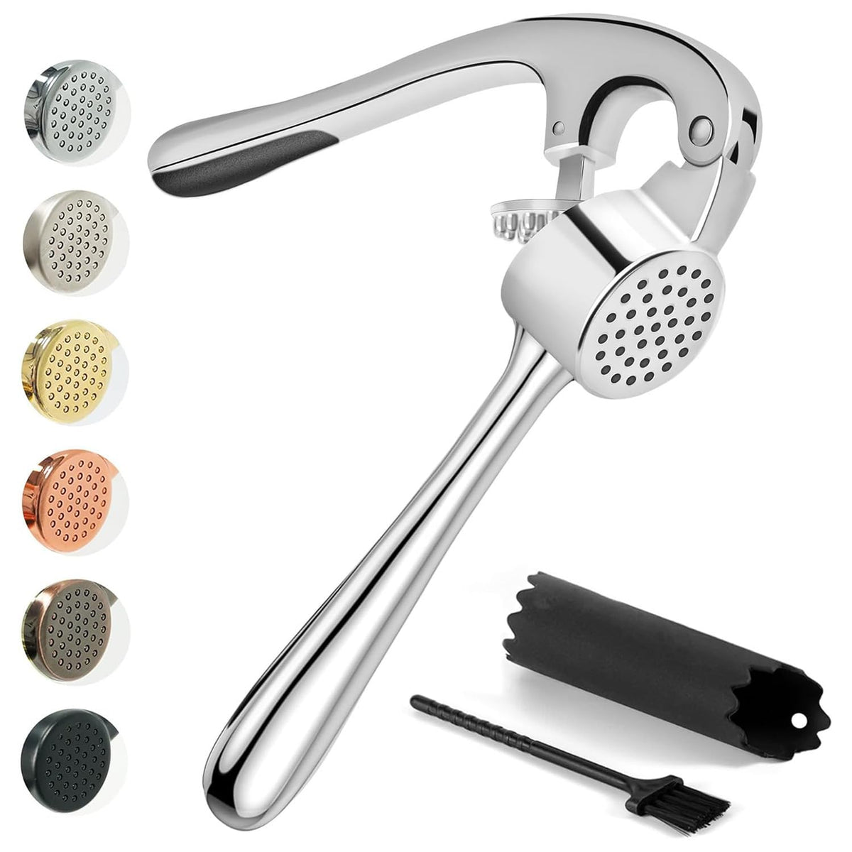 Kitessensu High Effective Premium Garlic Press Set, With Silicone Garlic Peeler & Brush, Heavy Duty Garlic Mincer, Easy to Squeeze and Clean, Rust Proof - Gloss Silver