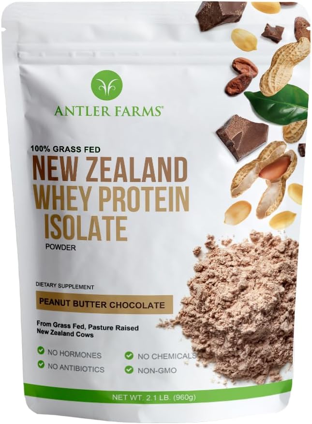 Antler Farms - 100% Grass Fed New Zealand Whey Protein Isolate, Peanut Butter Chocolate Flavor, 2 lbs - Pure and Clean, 7 Ingredients, Cold Processed