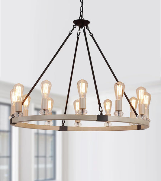 MEIXISUE Farmhouse Wagon Wheel Chandelier Light Fixtures,Oak White and Black,12-Lights Metal Large Luxury High Ceiling Chandeliers for Dining Room Kitchen Island Living Room Foyer W35.4 UL Listed
