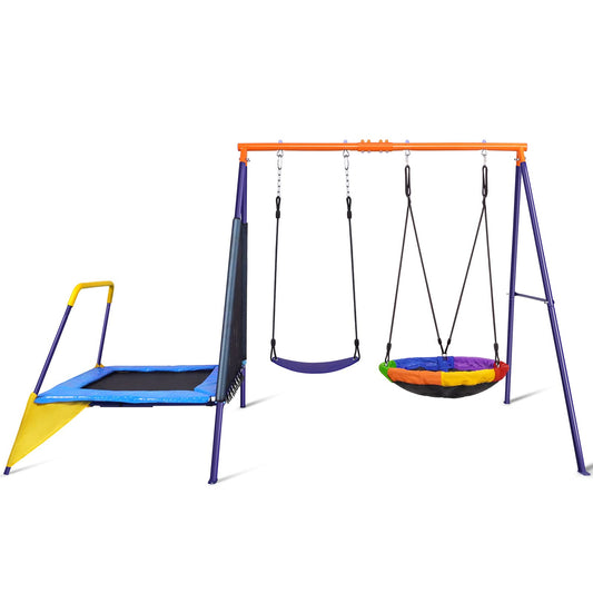 Lunafun Swing Sets for Backyard with Trampoline 440lbs with Heavy-Duty Metal A-Frame Outdoor Swing Set with 1 Saucer Swing Seat 1 Swings Seat & 1 Trampoline