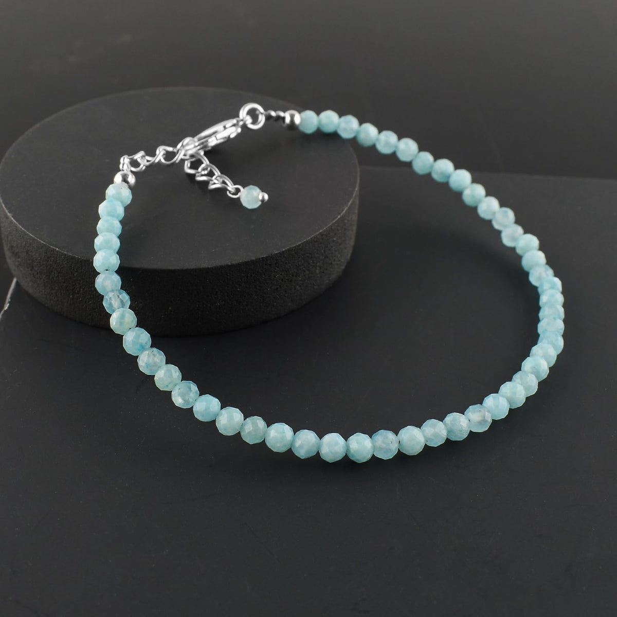 Natural Larimar Jewelry for Women Dolphin Stone- Pectolite -Sea- Caribbean Gemstone Beads Dainty Bracelet, Birthstone Energy Crystals, Silver Plated Chain 8 inch, Trendy Jewelry For Her