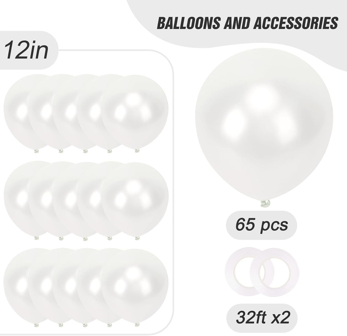 RUBFAC Pearl White Balloons - 12 Inch Party Balloons with Ribbons | 65pcs for Weddings & Celebrations