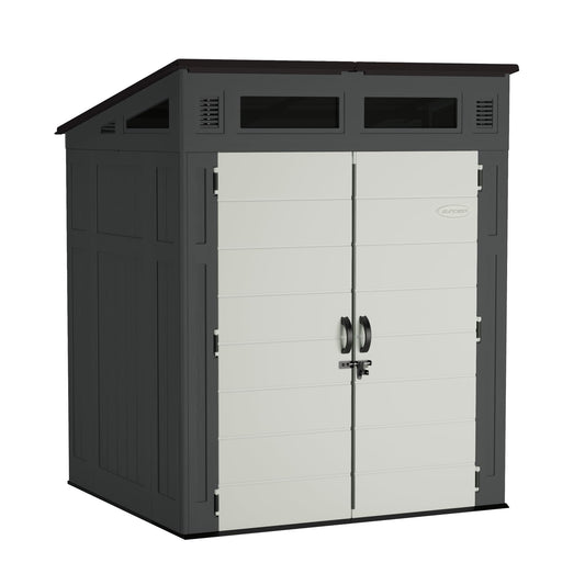 Suncast 6x5 Ft. Modernist Garden Shed, 200 Cu Ft Peppercorn Resin Shed with Floor, Lockable Doors, & Windows. Weatherproof Modern Resin Sheds & Outdoor Storage for Tools, Bikes, Lawn Mowers, & More