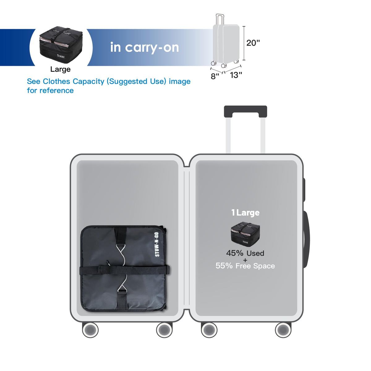 Grand Fusion Stow-N-Go Packing Organizer for Luggage, Portable Hanging Travel Shelves, Carry-On Closet, Hanging Packing Cubes, Collapsible Carry-On Organizer for Cruises & Hotels. Black - L