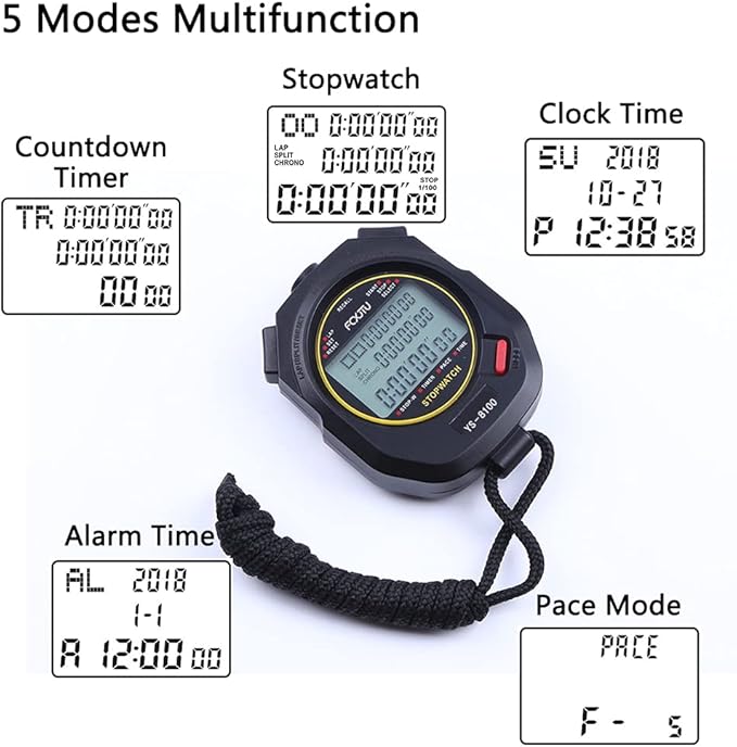 FCXJTU Digital Sports Stopwatch Timer 10/100 Lap Split Memory Stopwatch Calendar Alarm, Pace Mode with 3-Row Extra Large Screen Water Resistant Includes Battery, Lanyard for P.E Referee Coaches