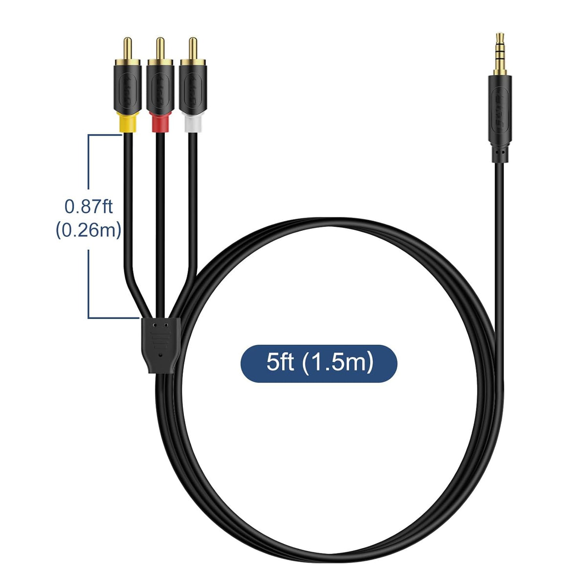 3.5mm 1/8" 3 5 J&D to RCA AV Cable, Audio/Video Transmission, TRRS to RCA Male Plug AUX Cable Cord, Compatible