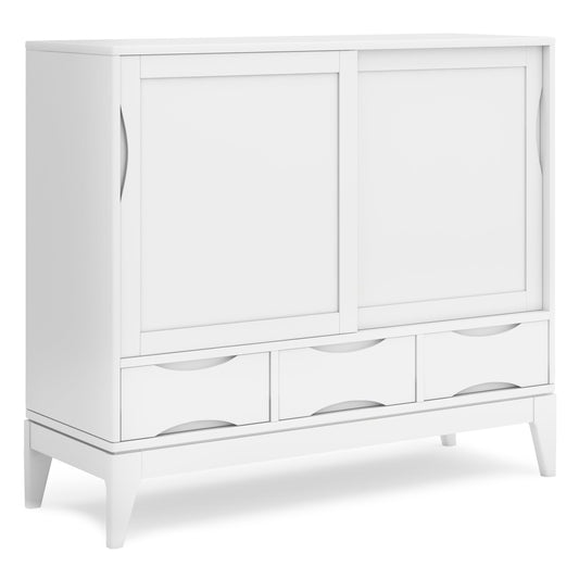 SIMPLIHOME Harper Medium Storage Cabinet - 48 inch Wide Solid Hardwood Sliding Door Cabinet in White, Mid-Century Modern Cupboard for Living Room or Entryway with 3 Drawers and Tapered Legs
