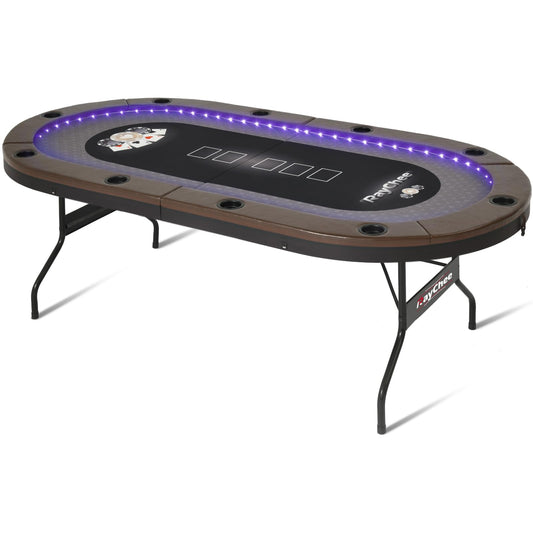 REAHOISY LED Poker Table, 84" 10 Player Foldable Texas Holdem Table w/Inlaid LED Light, 2 USB & 2 Type-c Ports, Portable Blackjac for Texas Card Game w/Cup Holders and Padded Rails (Brown)