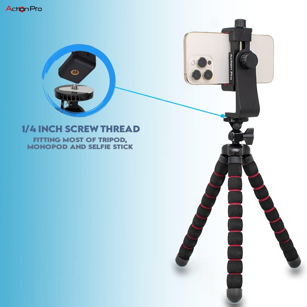 Action Pro 360 1/4 inch Phone Holder/Vertical and Horizontal Tripod Mount Adapter Rotatable Bracket with Screw