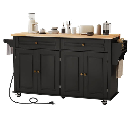 JassmiPkwy 67’’ Movable Kitchen Island with Drop Leaf and Power Outlet, Lockable Sliding Countertop Rolling Island Cart with 2 Large Drawers, Spice, Towel Rack,Black