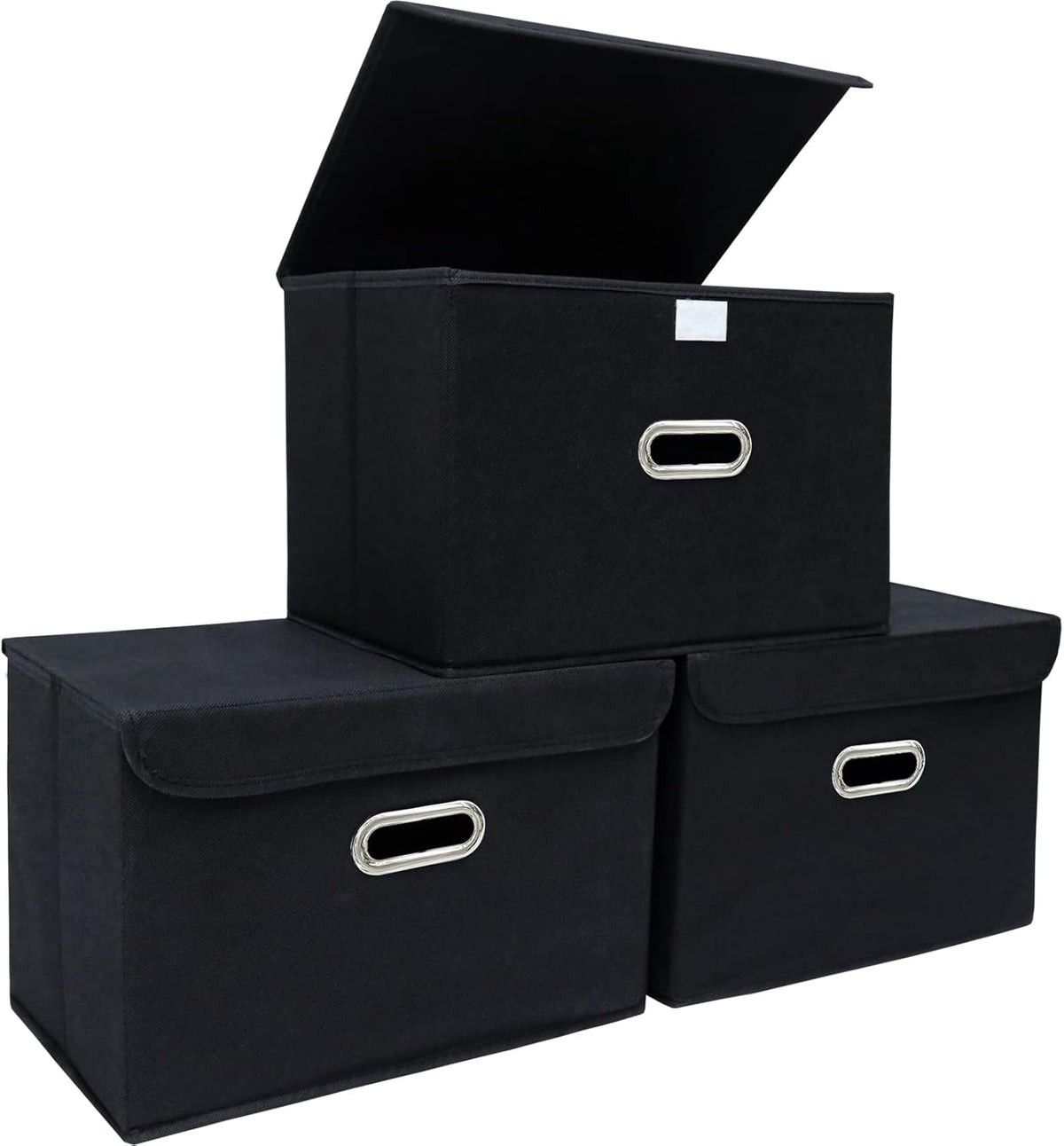STOREONE Fabric Storage Cube Bins - Foldable Organizer with Lids & Metal Handles | Black, Set of 3