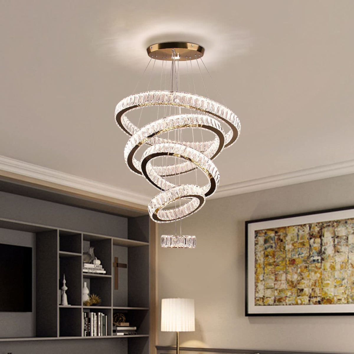 Dixun LED Big Crystal Chandeliers Modern 5 Rings Pendant Light Adjustable Ceiling Light for Bedroom Dinning Room Kitchen (Multicolor,Control by Switch)