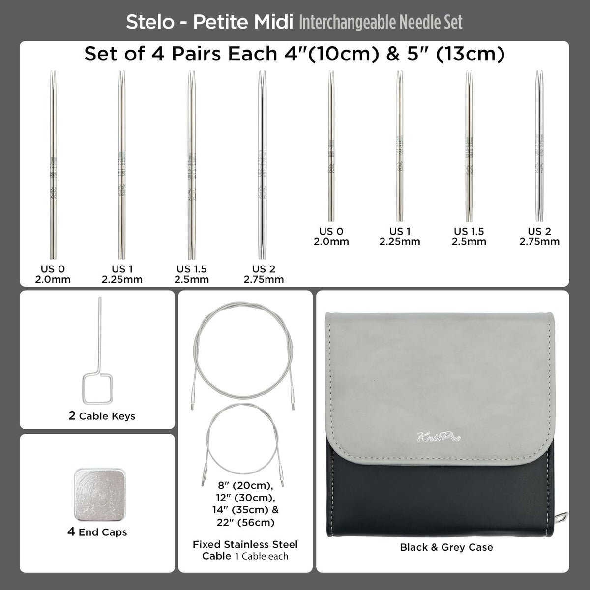 KnitPro Stelo Petite Midi Interchangeable Needle Set 4" (10cm) & 5" (12.5cm) | 4 US Sizes (0 to 2)