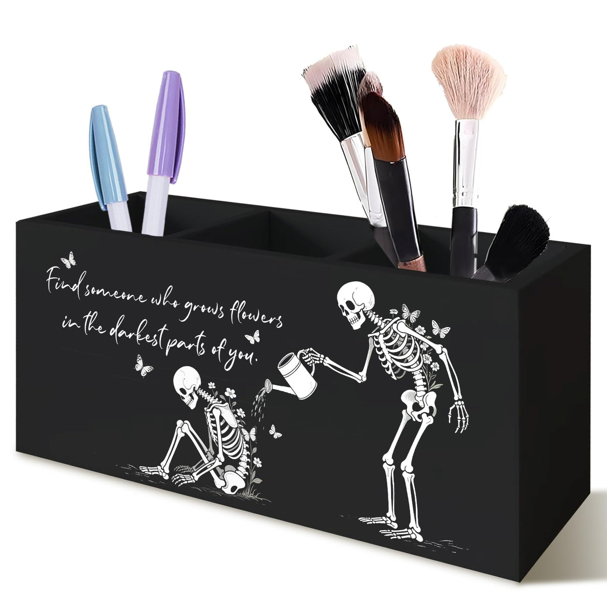 KRHFG Halloween Gothic Skeleton Pen Pencil Holder for Desk, Gothic Gifts for Women, Funny Inspirational Halloween Wood Signs for Home Office Desk Tabletop Decor and Accessories