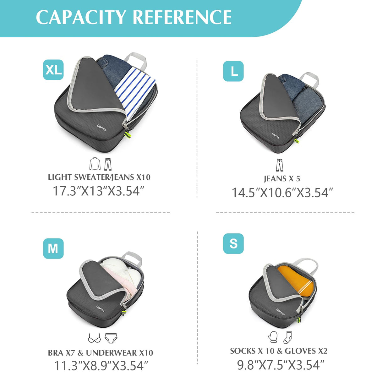 Gonex Compression Packing Cubes, 4pcs Expandable Storage Travel Luggage Bags Organizers (Deep Gray)
