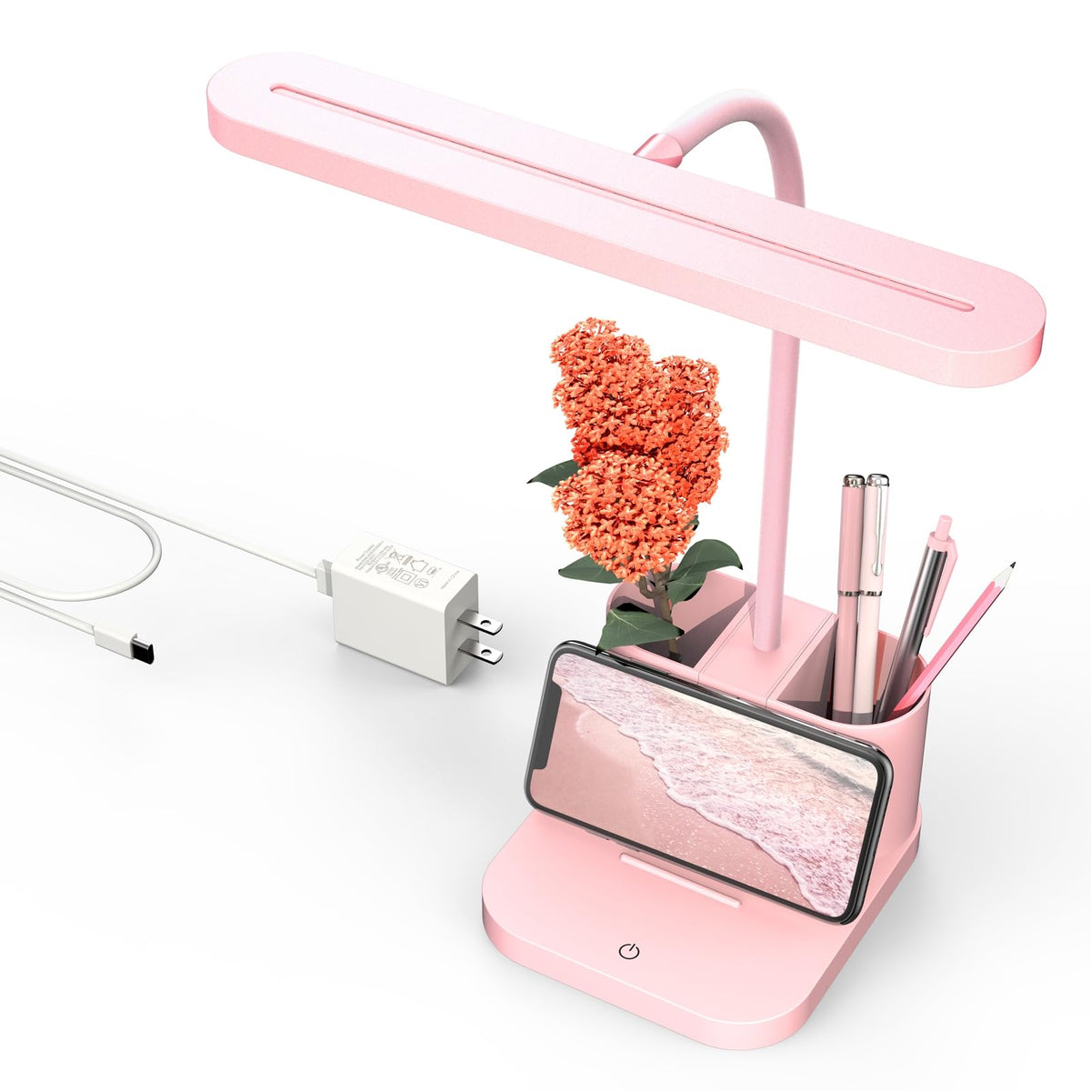 AXX Pink Desk Lamp for Home Office, Cute Table Lights for Bedrooms, Kawaii, Dimmable LED, Flexible Gooseneck, Pen Holder, Touch Control, Room College Dorm Essentials for Teen Girls Kids