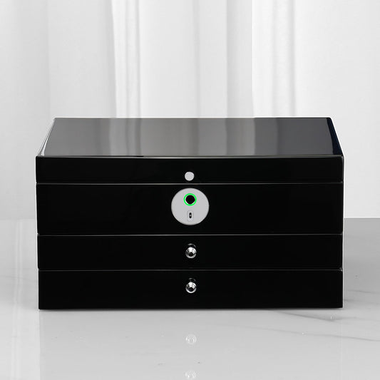 SYENS Jewelry Box with Fingerprint Lock, Black Wood Piano Lacquer Jewellery Organizer Storage Box with Drawer, 3-layer Full Lockable, for Women or Men's gift