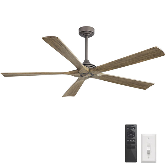 WINGBO 60 Inch Ceiling Fan without Light - 5 Carved Solid Wood Blades, 6-Speed Reversible DC Motor, Noiseless Remote Control Ceiling Fan No Light for Bedroom Living Room Kitchen, Charcoal and Gray