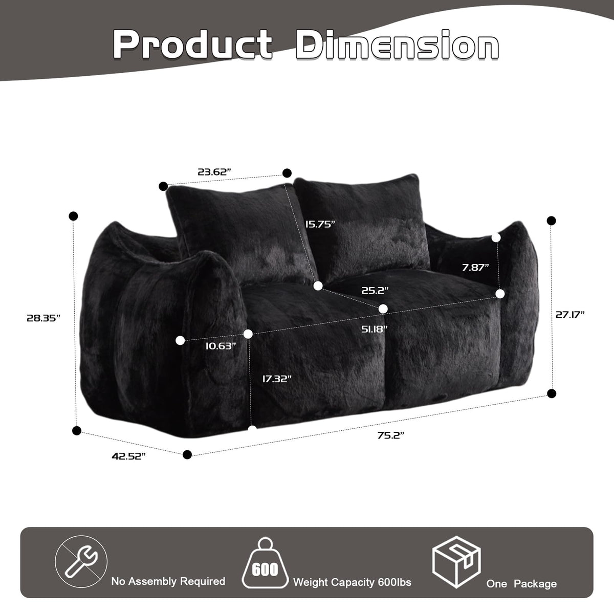 wisenook 75.2" Giant Bean Bag Chair for Adults, Ultra Soft Fluffy Loveseat Bean Bag Sofa, Oversized Floor Sofa for Living Room Bedroom, Cozy Reading Chair with 2 Pillows and Filler, Black