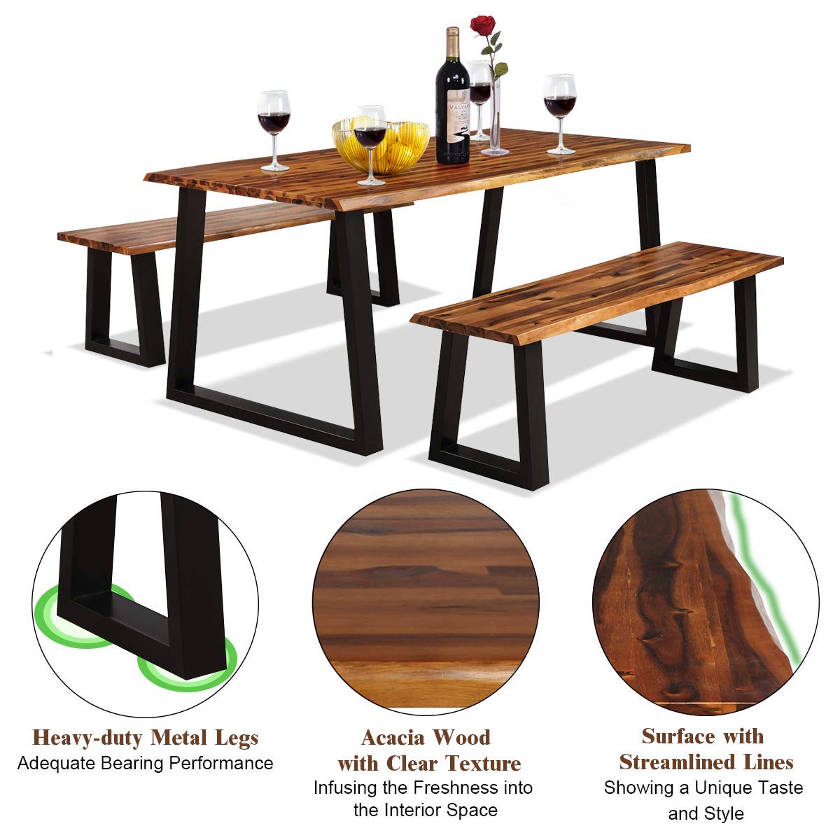 Giantex 3PCS Wooden Dining Set Bench Chair Rustic Indoor &Outdoor Furniture (Rustic Brown&Black)
