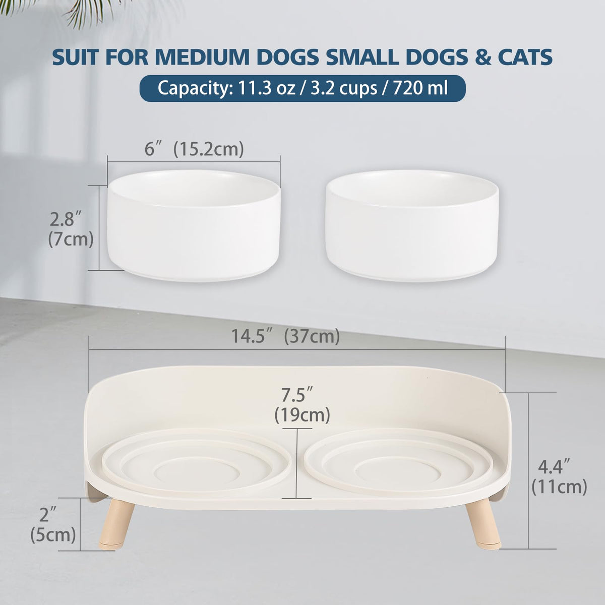Elevated Ceramic Dog Bowl Set - Double Dog Feeding Bowls with Stand Splash Proof - Raised Dishes for Food and Water - Ideal for Small to Medium Dogs - 2 x 850 ml - 28.74 oz - White